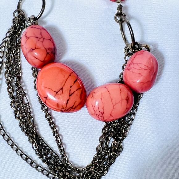 Red Jasper Glass Bead Necklace Multiple Metal Strands Jewelry 11" - Picture 3 of 7